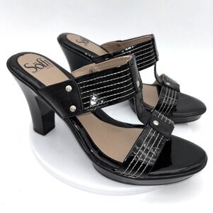 SOFFT‎ Black Patent Leather Sandal Block Heel Shoe T-Strap Comfort Open Toe 8